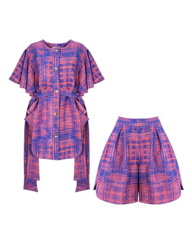AW22WO LOOK 02 PINK-COBALT SET OF CAPE AND SHORTS #1