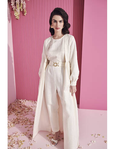 SS24WO LOOK 19 CREAM SET OF CAPE AND JUMPSUIT